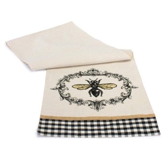 Sassy Bee Embroidered Table Runner 72”x 13” Tan Black Linen Look NEW - Picture 4 of 8